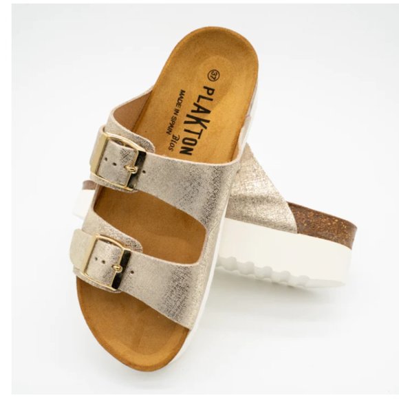 COPY - Plakton Bloc Beta Sandal Beige Gold Chunky Platform Slide Handmade Spain… - Picture 1 of 5